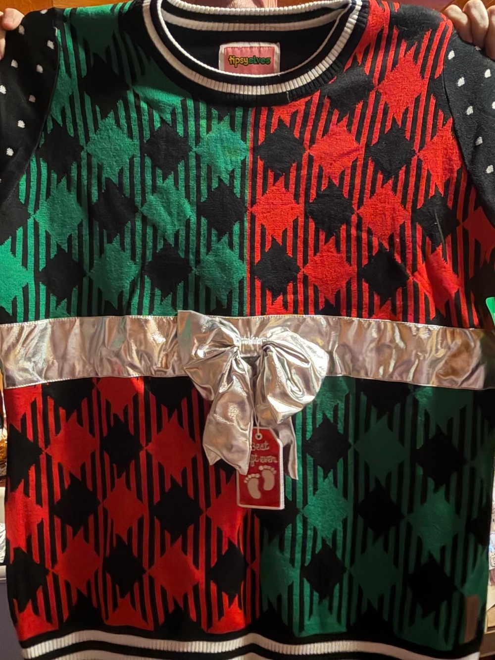 Maternity ' Red & Green Holiday Knit Top with Silver Bow Best Gift Ever